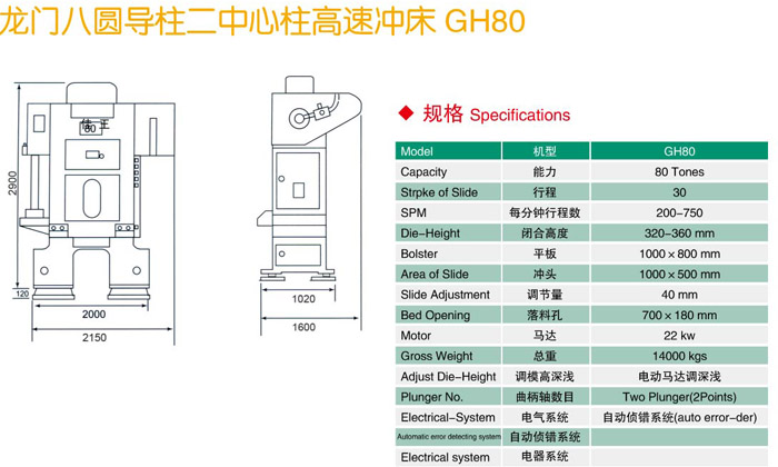 H型八圓導(dǎo)柱高速沖床(GH80)參數(shù)